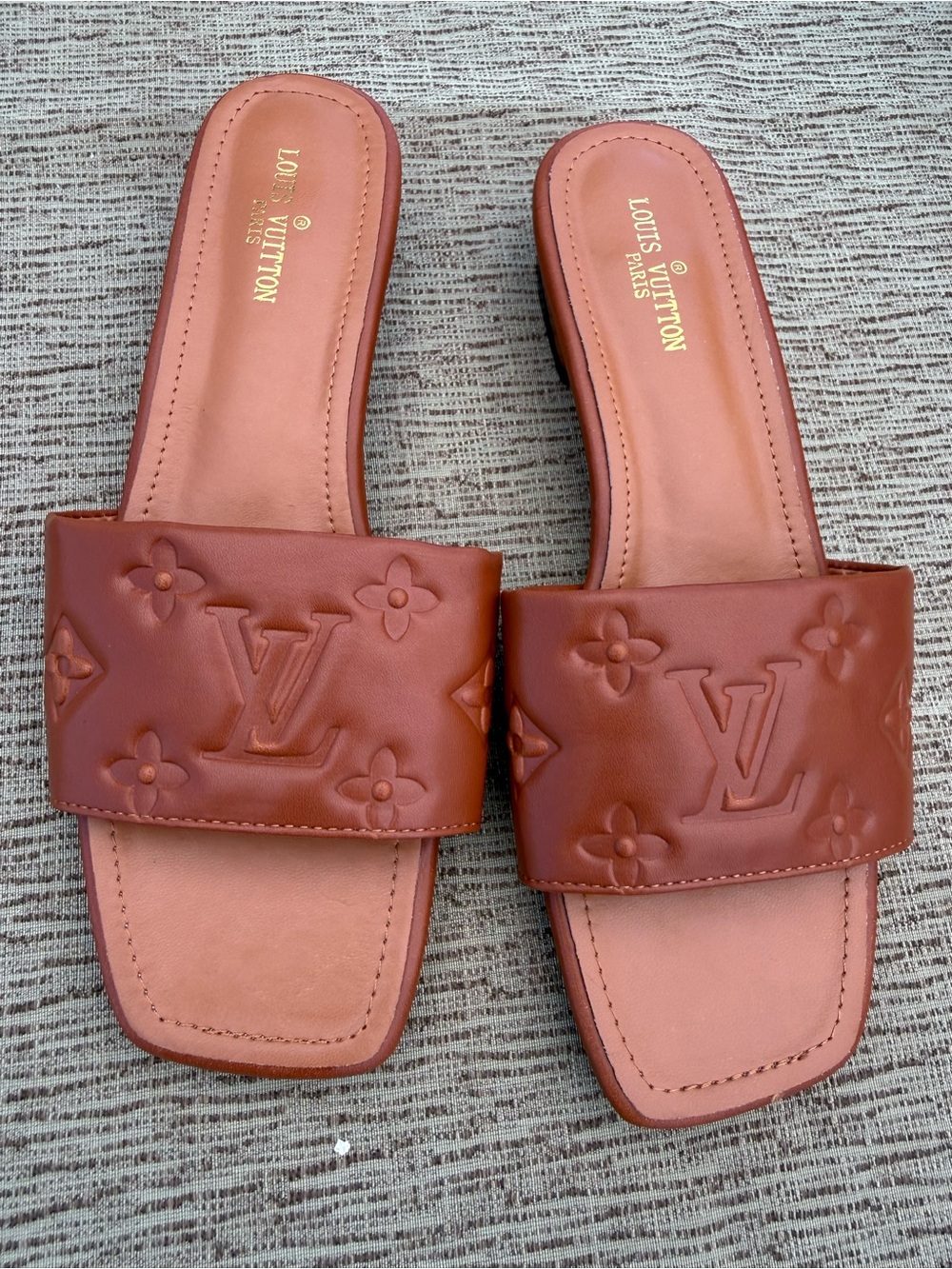 Chestnut Embossed Monogram Leather Slide Mules